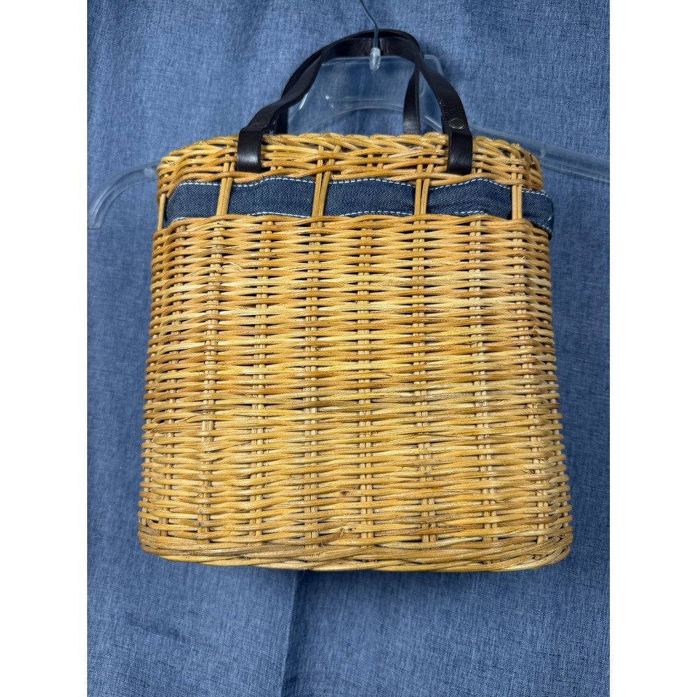 Vintage Woven Wicker Basket Handbag Denim Trim Leather Handles Lined Tote